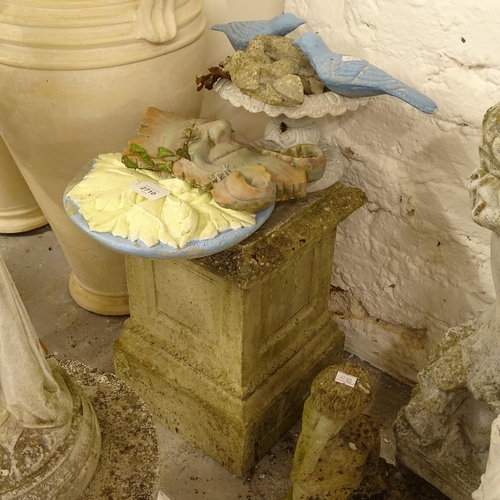 2710 - A weathered concrete garden pedestal, and various wall hangings etc (5)