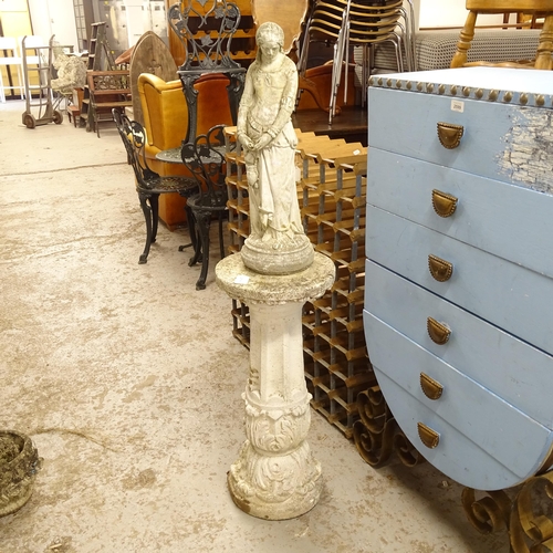 2711 - A weathered concrete garden pedestal, H72cm, and a concrete garden figure, H60cm (2)