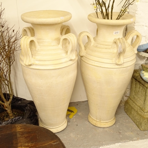 2713 - A pair of terracotta 4-handled oil jars, H78cm