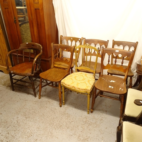 2728 - A set of 5 early 20th century elm-seated kitchen chairs, a Continental giltwood hall chair, and an o... 