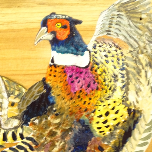 1252 - Clive Fredriksson, oil on wood panel, fighting pheasants, 30cm x 100cm