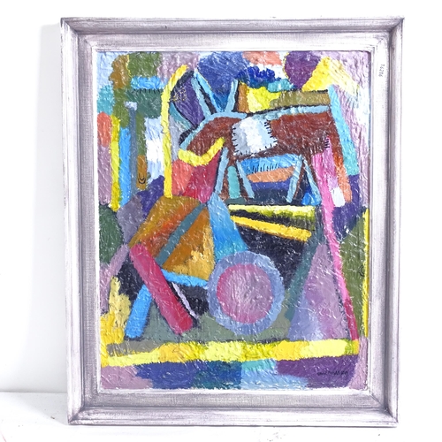 1254 - Carol Maddison, contemporary oil on board, abstract, signed, framed, overall 58cm x 48cm