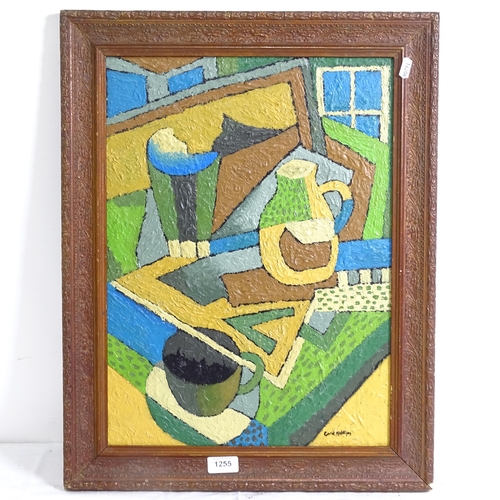 1255 - Carol Maddison, contemporary oil on board, geometric abstract study, framed, overall 59cm x 46cm