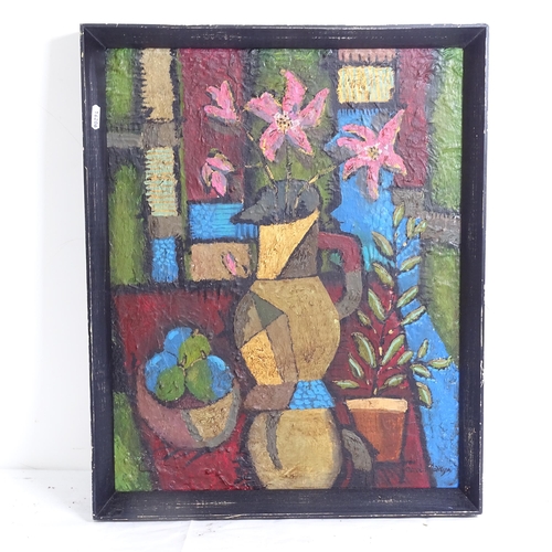 1257 - Carol Maddison, contemporary oil on board, geometric still life, signed, framed, overall 54cm x 44cm