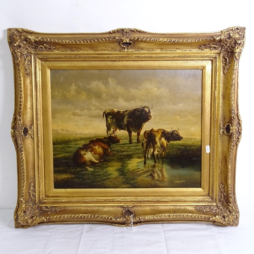 1259 - Harder, oil on canvas, cattle in rural landscape, signed, framed, overall 65cm x 75cm