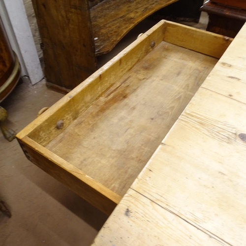 2006 - An Antique pine scrub-top kitchen table with end frieze drawer, W137cm, H75cm, D87cm