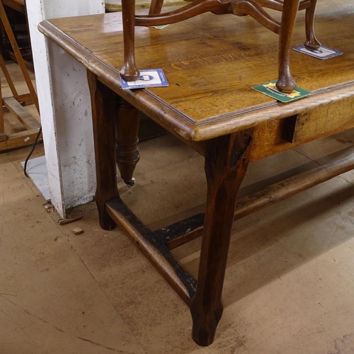 2182 - An Antique oak refectory dining table, with 2 frieze drawers, on H-shaped stretcher and shaped legs,... 