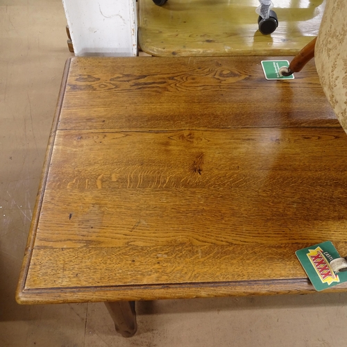 2182 - An Antique oak refectory dining table, with 2 frieze drawers, on H-shaped stretcher and shaped legs,... 