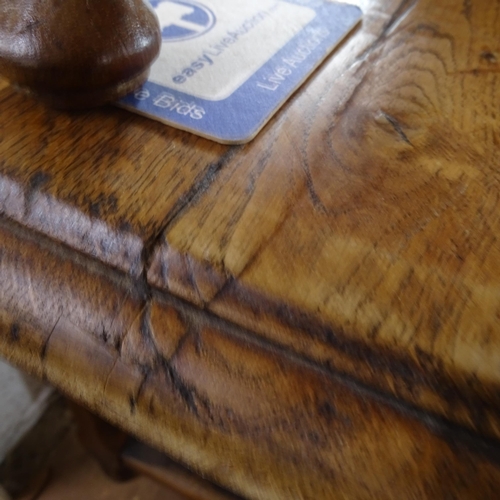 2182 - An Antique oak refectory dining table, with 2 frieze drawers, on H-shaped stretcher and shaped legs,... 