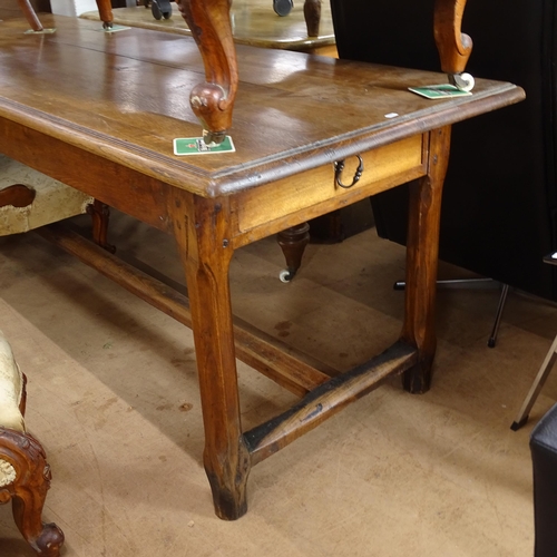 2182 - An Antique oak refectory dining table, with 2 frieze drawers, on H-shaped stretcher and shaped legs,... 