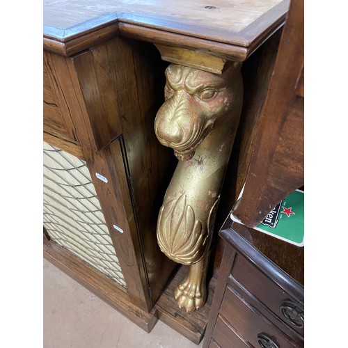 2066 - A Regency rosewood break-front credenza, with shaped marble top, single frieze drawer, mesh panelled... 