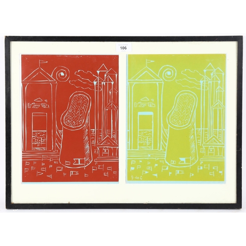 106 - Giorgio De Chirico, pair of linocut prints, untitled abstracts in red and yellow, published 1938 by ... 