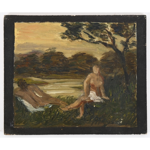 107 - Oil on panel, bathers by a river, unsigned with Studio stamp verso, 16cm x 19cm, unframed