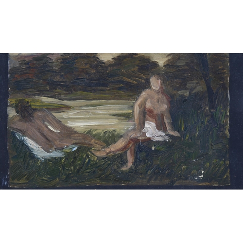 107 - Oil on panel, bathers by a river, unsigned with Studio stamp verso, 16cm x 19cm, unframed