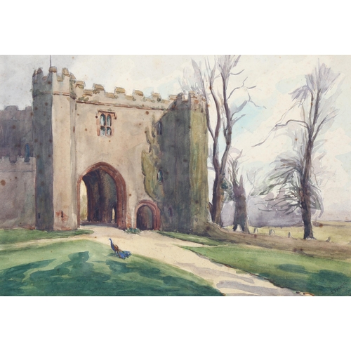 109 - J Forsyth, watercolour, peacocks by a castle gate, signed, 26cm x 37.5cm, framed