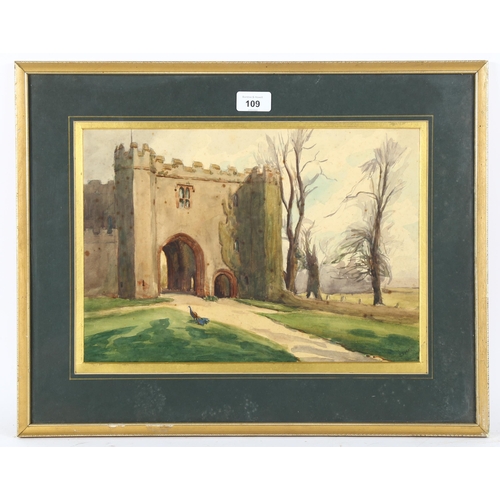 109 - J Forsyth, watercolour, peacocks by a castle gate, signed, 26cm x 37.5cm, framed