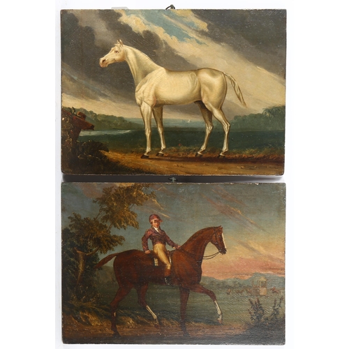 110 - Pair of 18th century oils on thick oak panels, portrait of a racehorse and jockey, and portrait of a... 