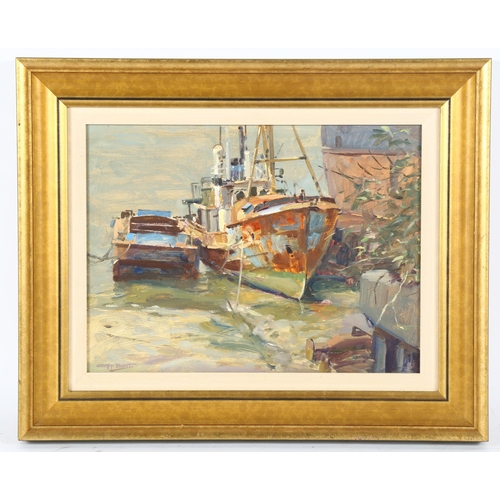 115 - Geoff Hunt RSMA (born 1948), oil on board, moored boats, signed, 26cm x 33cm, framed