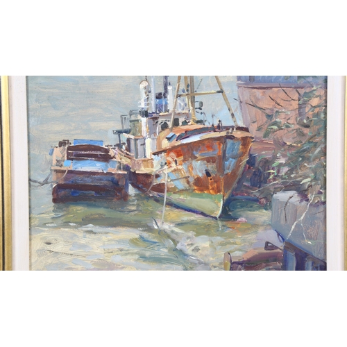 115 - Geoff Hunt RSMA (born 1948), oil on board, moored boats, signed, 26cm x 33cm, framed