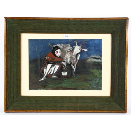 118 - Stanislaw Frenkiel (1918 - 2001), oil on board, figure milking a goat, 30cm x 40cm, framed