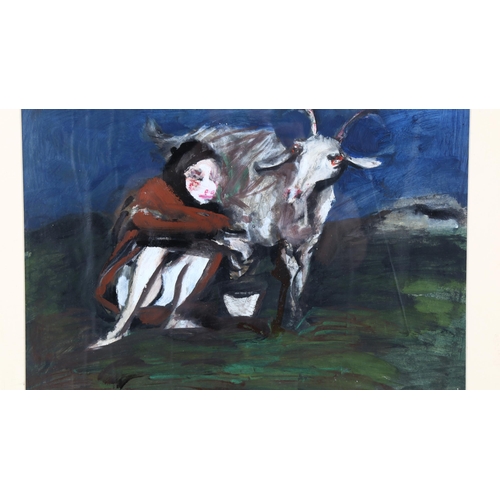 118 - Stanislaw Frenkiel (1918 - 2001), oil on board, figure milking a goat, 30cm x 40cm, framed