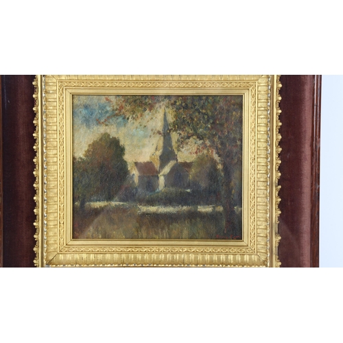 121 - 20th century oil on board, St Andrew's church Alfriston, indistinctly signed, in cabinet frame, over... 