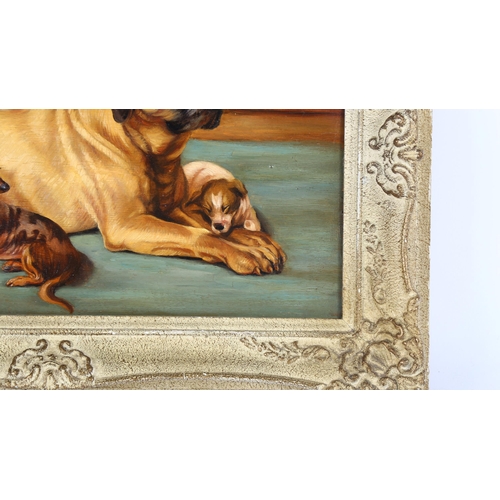 122 - Early 20th century oil on panel, dog portrait, unsigned, 22cm x 37cm, framed