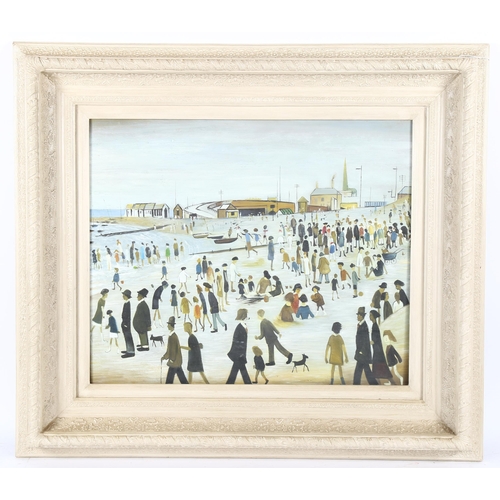 129 - After L S Lowry, contemporary oil on canvas, beach scene, 50cm x 60cm, framed