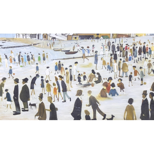 129 - After L S Lowry, contemporary oil on canvas, beach scene, 50cm x 60cm, framed