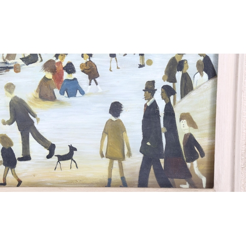 129 - After L S Lowry, contemporary oil on canvas, beach scene, 50cm x 60cm, framed