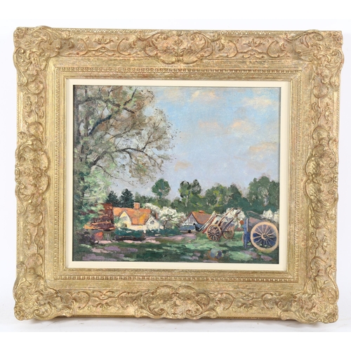 131 - Franklin White (1892 - 1975), oil on panel, cottages and carts at Eastcote, unsigned with label of p... 