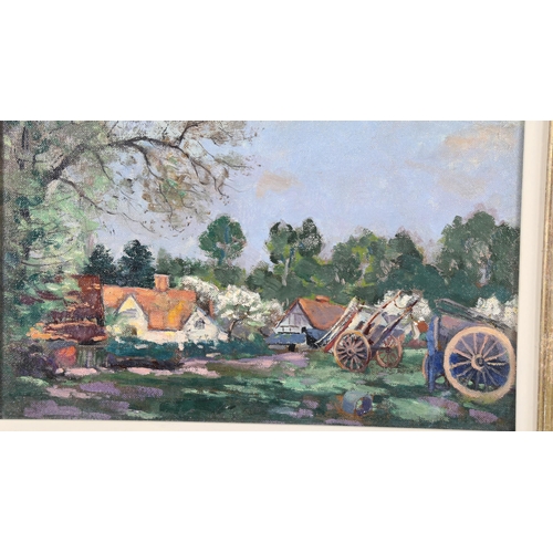 131 - Franklin White (1892 - 1975), oil on panel, cottages and carts at Eastcote, unsigned with label of p... 