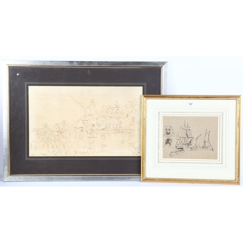 137 - 2 x 18th century ink drawings, largest 33cm x 55cm, framed (2)