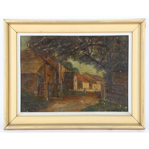 143 - 19th century French School, oil on card, farmyard scene, indistinctly signed, 25cm x 35cm, framed