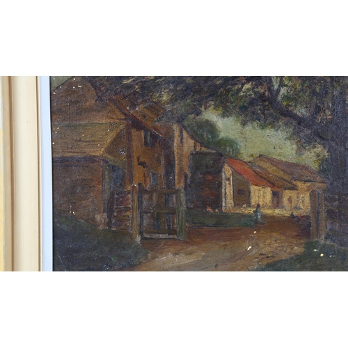 143 - 19th century French School, oil on card, farmyard scene, indistinctly signed, 25cm x 35cm, framed