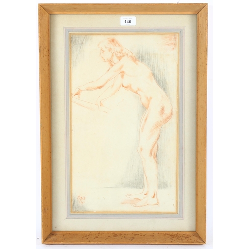 146 - Charles Wheeler, sanguine chalk drawing, female nude, signed with monogram, 45cm x 26cm, framed