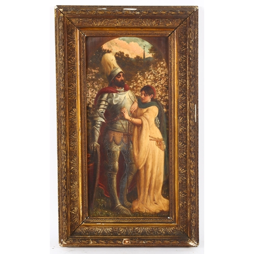 147 - 19th century pre-Raphaelite School, oil on canvas, knight and maiden, unsigned, 43cm x 19cm, framed