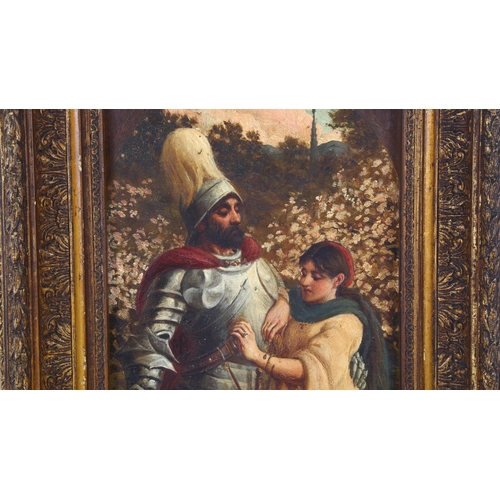 147 - 19th century pre-Raphaelite School, oil on canvas, knight and maiden, unsigned, 43cm x 19cm, framed