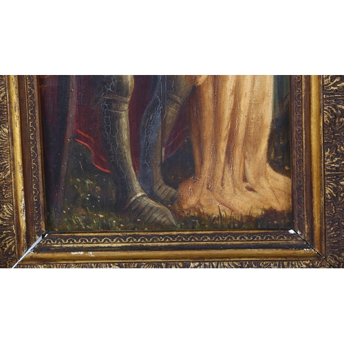 147 - 19th century pre-Raphaelite School, oil on canvas, knight and maiden, unsigned, 43cm x 19cm, framed