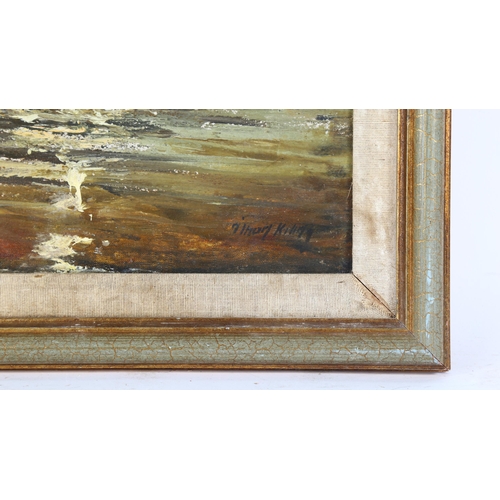 148 - Mid-20th century oil on canvas, coastal scene, indistinctly signed, 39cm x 28cm, framed