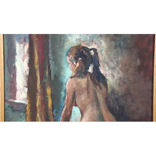 149 - Mid-20th century oil on board, female nude, unsigned, 57cm x 40cm, framed