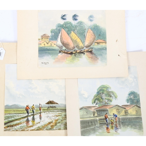 153 - Surath, 3 watercolours, Indian village scenes, 25cm x 23cm, unframed