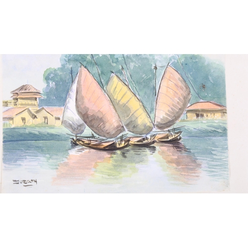 153 - Surath, 3 watercolours, Indian village scenes, 25cm x 23cm, unframed