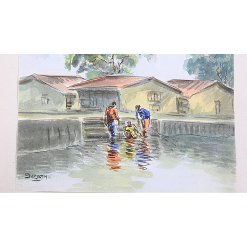 153 - Surath, 3 watercolours, Indian village scenes, 25cm x 23cm, unframed