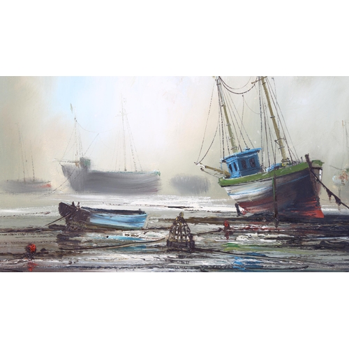 157 - John Bampfield, oil on canvas, boats at low tide, signed, 60cm x 90cm, framed