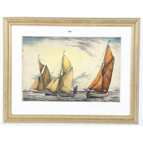 160 - Edward Hoyton, hand coloured etching, Spritsails at sunset, signed in pencil, no. 46/75, plate 29cm ... 