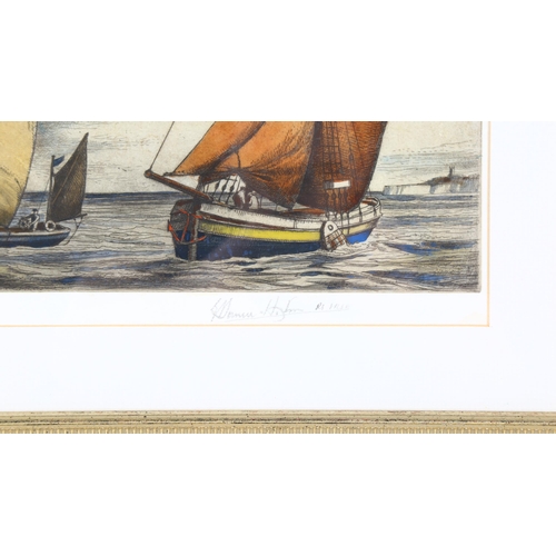 160 - Edward Hoyton, hand coloured etching, Spritsails at sunset, signed in pencil, no. 46/75, plate 29cm ... 