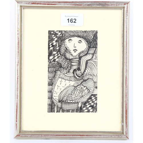 162 - Madge Gill (1882 - 1961), pen and ink drawing, portrait of a woman, inscribed verso, drawn 1949, uns... 