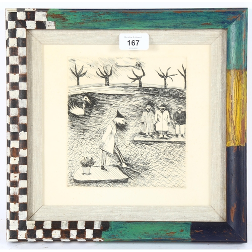 167 - Mid-20th century etching, surrealist composition, unsigned, plate 17cm x 15cm, framed