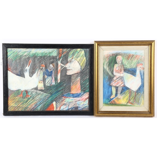 170 - Mana Lagereholm (1946 - 2001), 2 crayon drawings, modernist figures, signed, largest 27cm x 34cm, fr... 